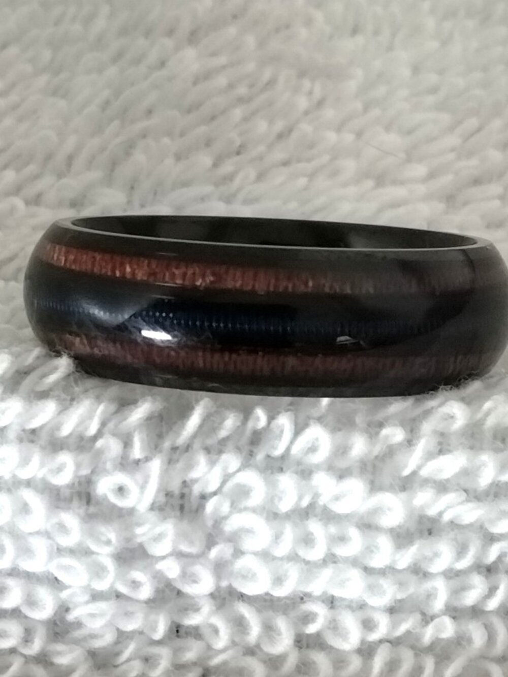 Size 13 Black Steel Wedding Band with Simulated Wood & Blue Center Ring